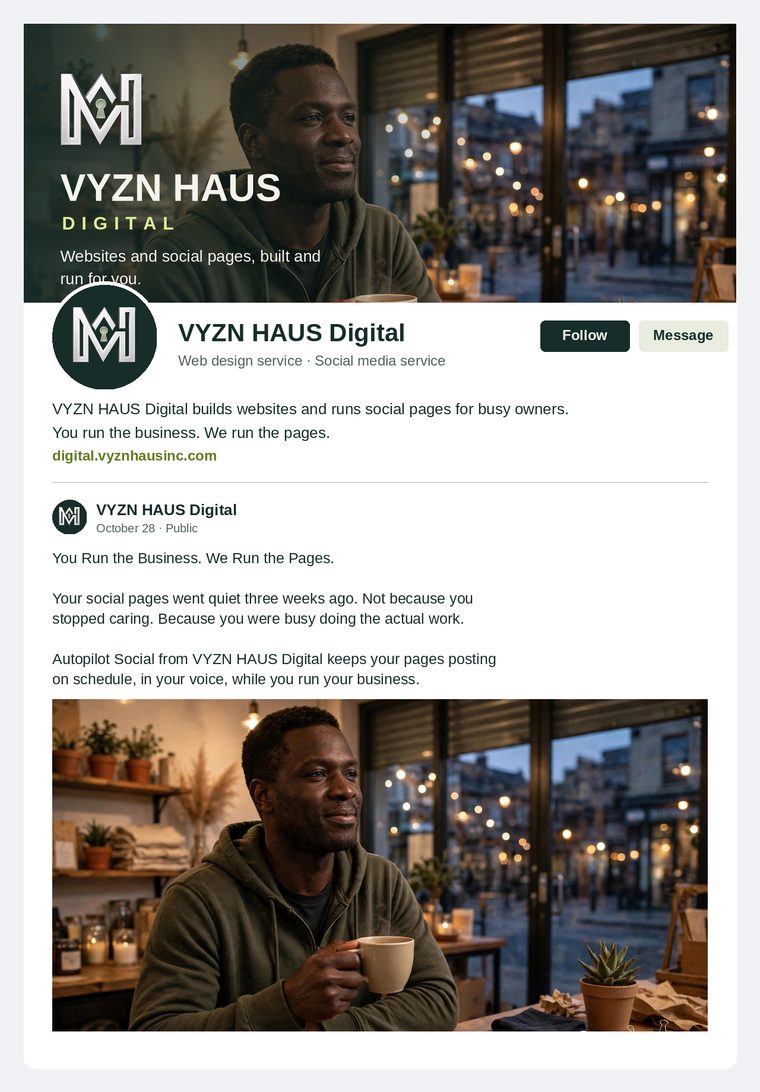 The VYZN HAUS Digital social brand kit, the Facebook page as a visitor will meet it