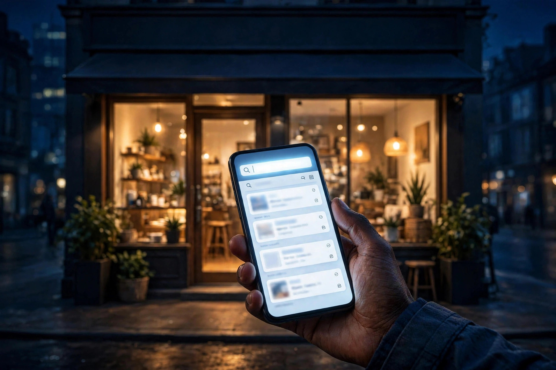 A customer at night, phone in hand, standing in front of a lit storefront